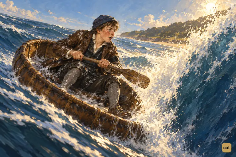 Jim sits up to paddle, and the coracle drives its nose into the next wave in spray