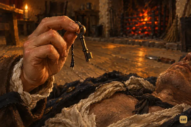 Jim's fingers lift a small iron key on a bit of tarry string above the dead captain's bared chest.