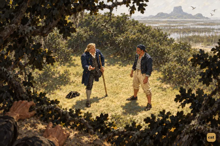Hidden in the leaves, Jim looks down at Long John Silver pleading with Tom