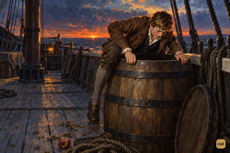 Jim Hawkins climbs into the apple barrel in the empty waist as the sunset burns out