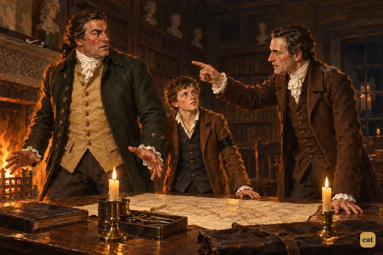 Over the map, the doctor points at the squire, who stops dead; Jim looks up at the finger