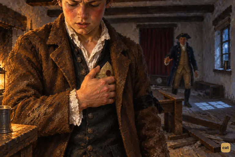 In the wrecked Admiral Benbow, Jim presses his hand to the packet in his breast pocket