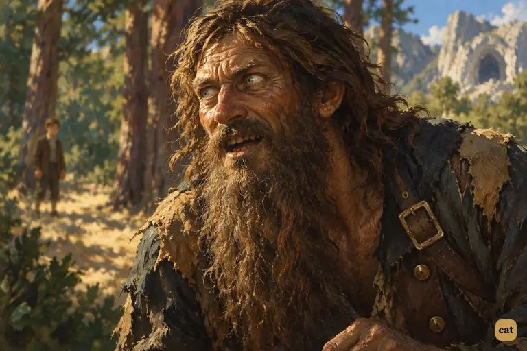 Close-up of the islander's face behind his tangled beard as he says his name