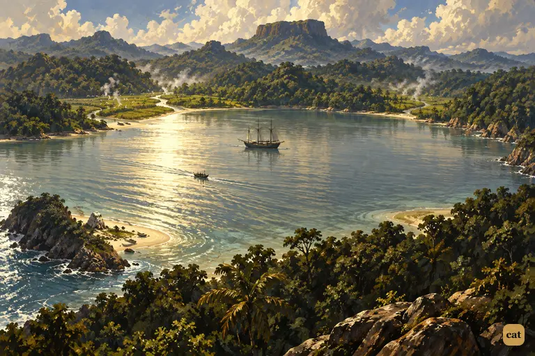 The Hispaniola rides at anchor as the overloaded jolly-boat creeps toward shore