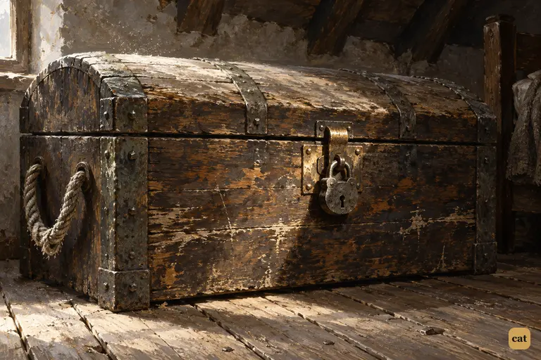 The captain's sea-chest stands locked on the bare floorboards of the upstairs room