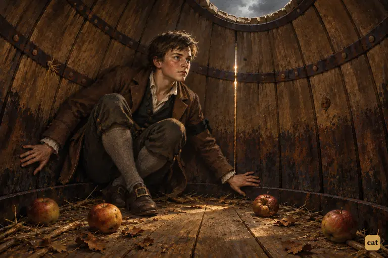 Jim, huddled in the apple barrel, hears the same flattery now spoken to another
