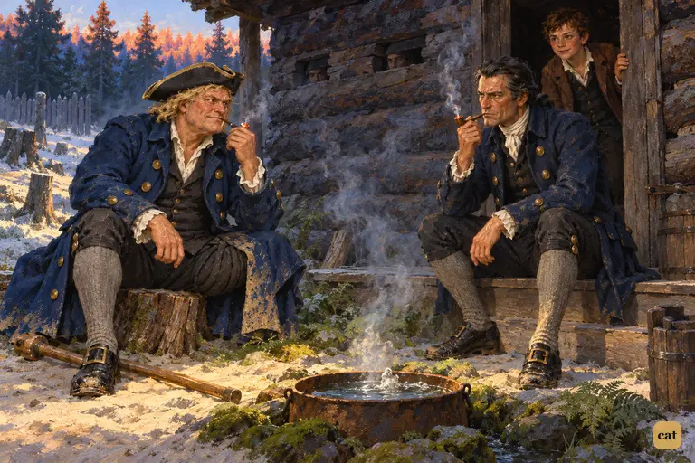 Captain Smollett and Long John Silver smoke in silence on either side of the kettle