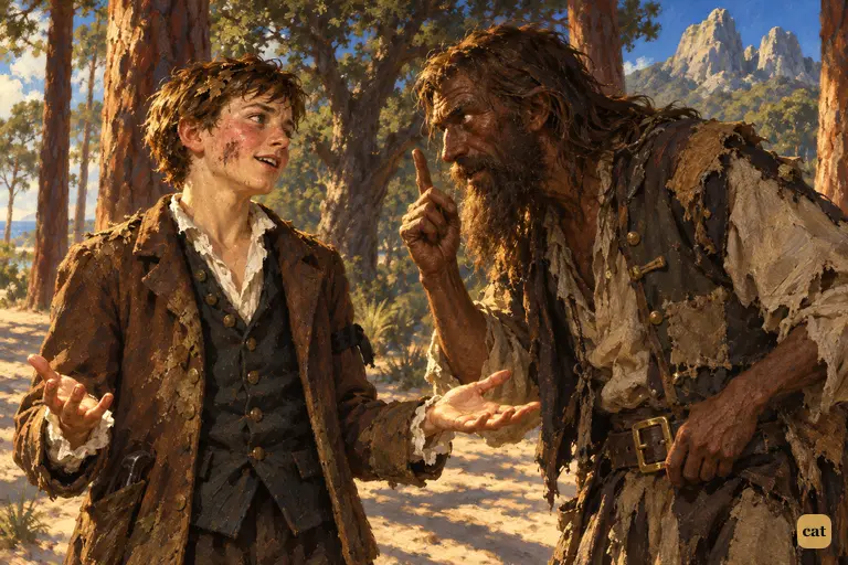 Ben Gunn slyly presses Jim Hawkins for a last term; Jim answers with open palms