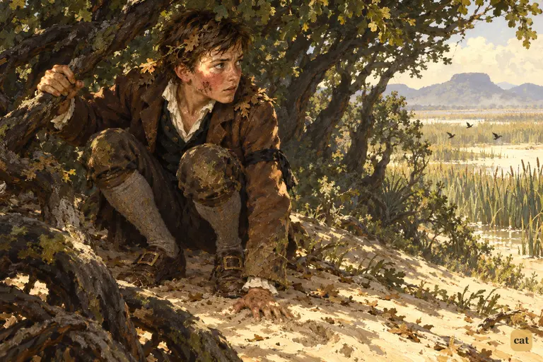 Jim Hawkins crawls under a live-oak and freezes on the sand, listening