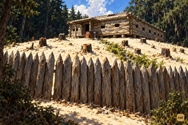 Doctor Livesey first sees the stockade: a log-house and paling in the noon heat