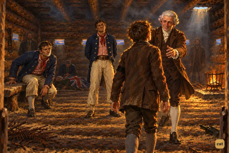 Jim steps into the smoky log-house at dusk as the doctor hurries to him, hands out