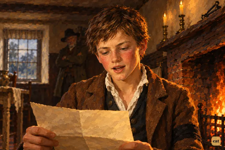 By the fire, Jim reads the squire's letter aloud, naming the one-legged seaman untroubled