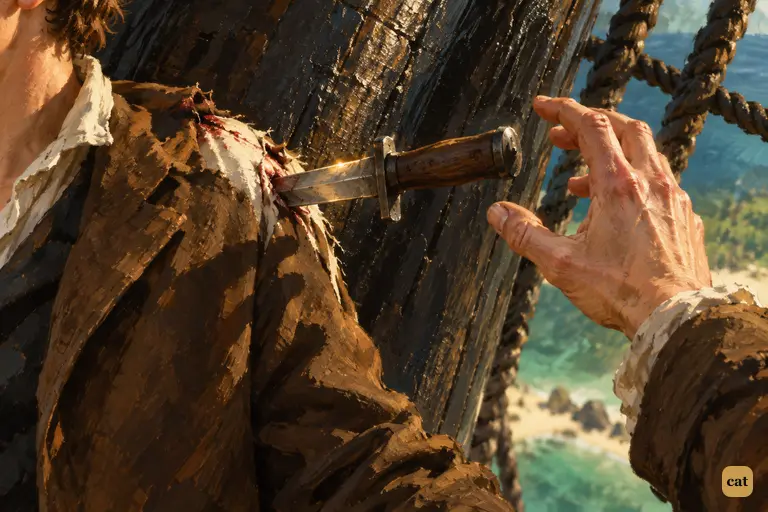 Pinned to the mizzen mast by the dirk, Jim reaches a trembling hand toward the hilt