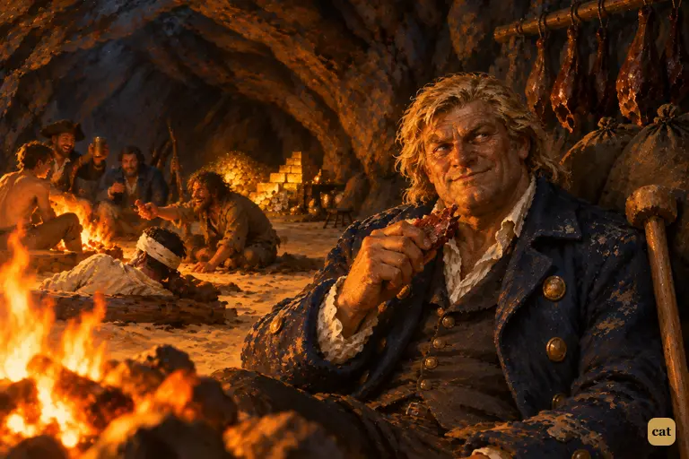 At the merry supper in Ben Gunn's cave, Long John Silver sits at the edge of the firelight.