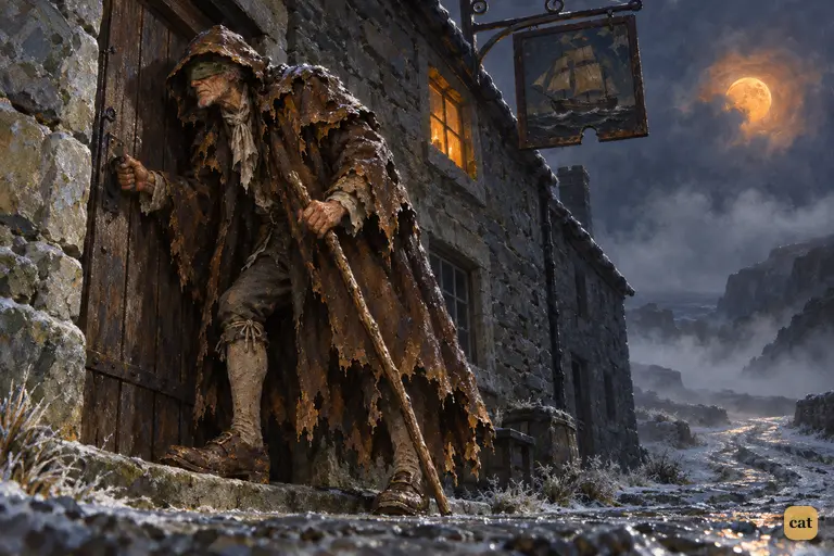 Pew leans on the bolted door of the Admiral Benbow, a candle in the window above