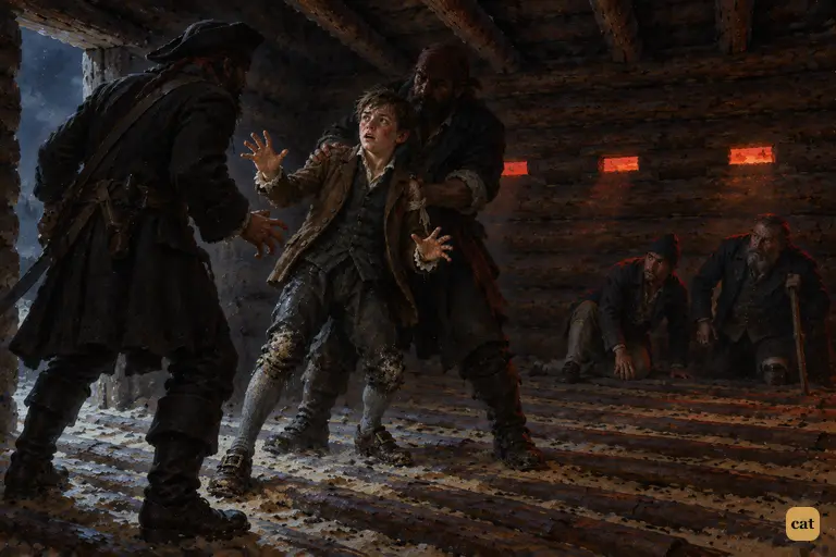Running blind in the dark log-house, Jim bounces off one pirate into another's arms