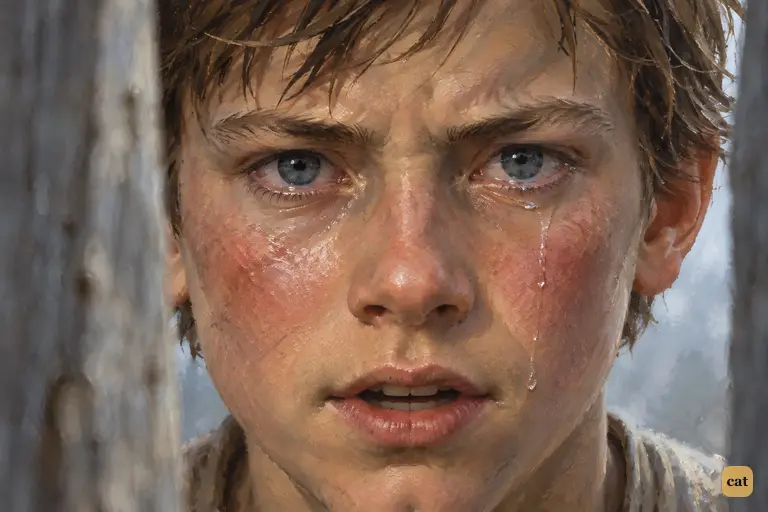 Tearful Jim looks straight at the doctor through the gap in the stockade paling