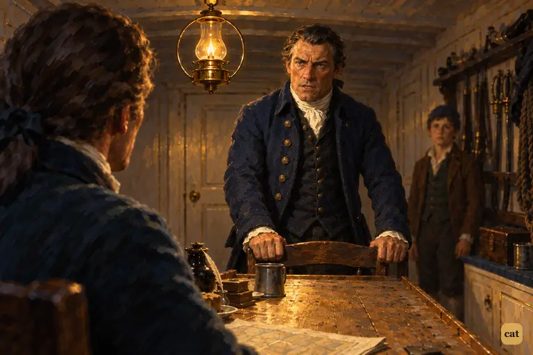 Captain Smollett leans on a chair-back and names the map, the crosses and the bearings