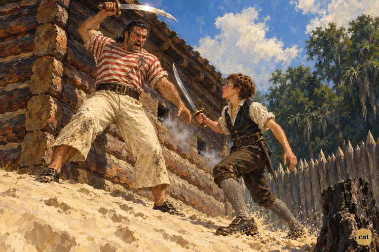 Jim runs round the corner of the block house and comes face to face with the roaring boatswain.