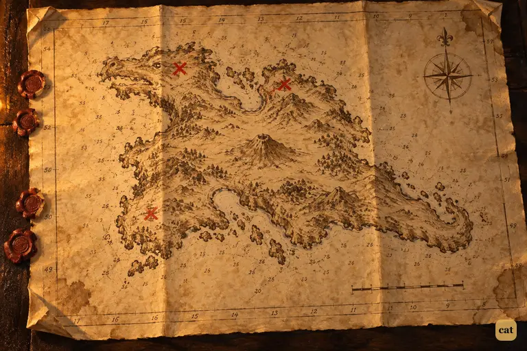 The chart of Treasure Island: brown ink, the Spy-glass label and three scarlet crosses