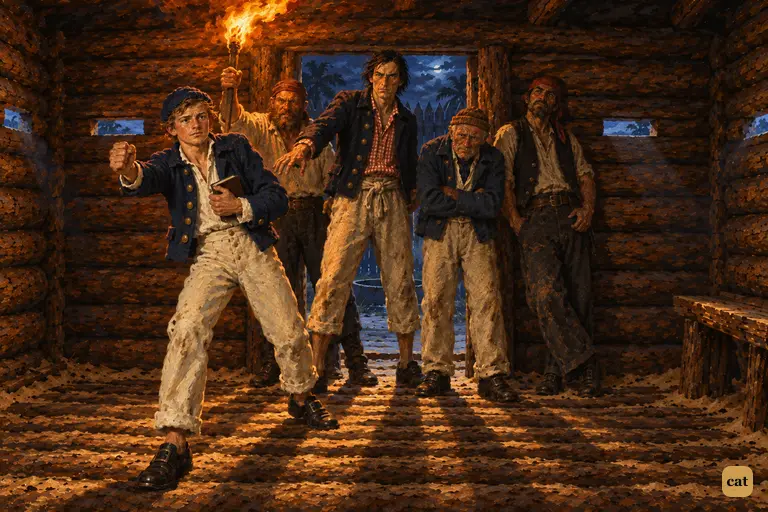 The mutineers crowd the doorway of the log-house in the torchlight and shove young Dick forward.