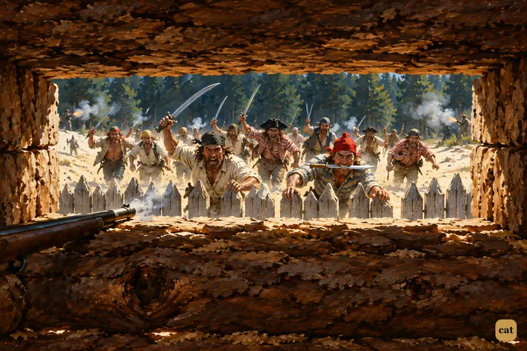 Through a loophole, a pack of yelling pirates charges from the woods at the stockade