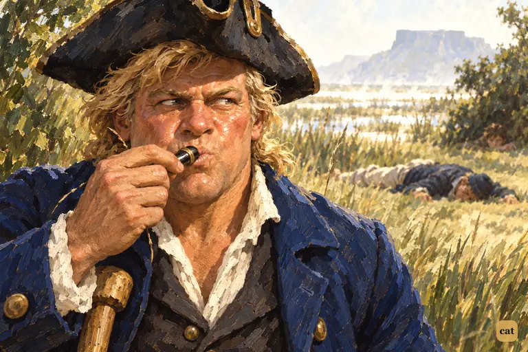 Long John Silver blows a boatswain's whistle, eyes sliding toward Jim's hiding place