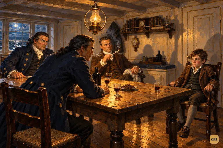 The three men draw together at the table's far end; the boy sits alone at the other