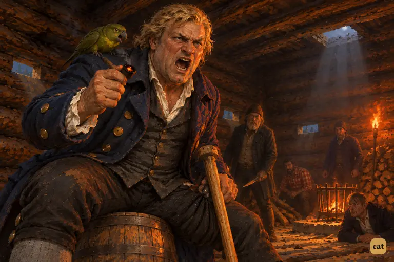 On the brandy cask, Long John Silver roars his challenge at the crew, his pipe raised
