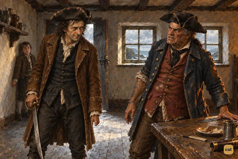 Billy Bones reels against the table as Black Dog stands by the open door