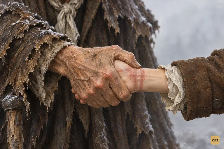 The blind beggar's fist grips Jim's hand, leaving four white finger-marks
