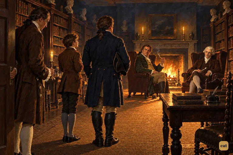 Mr. Dance and Jim stop at the library door where the squire and doctor sit by the fire