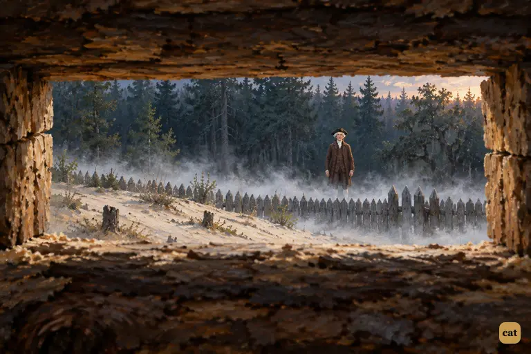 At grey daybreak, Jim looks out through a narrow loophole in the log-house.