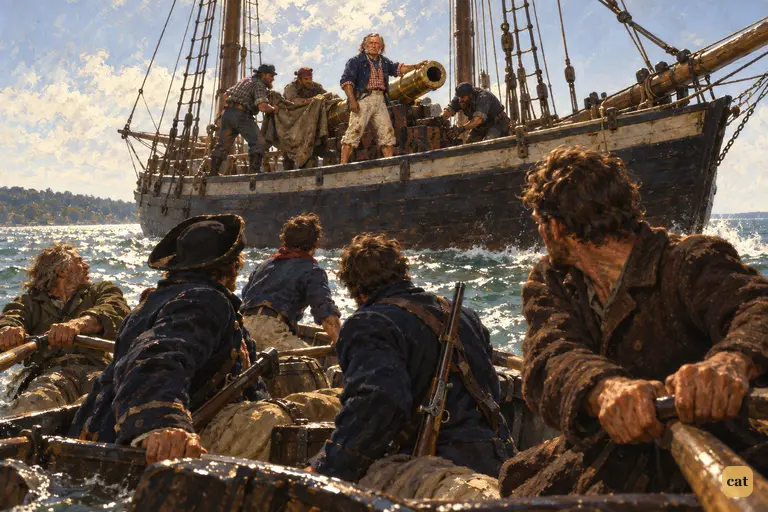From the jolly-boat they watch five rogues uncover the Hispaniola's long nine-pounder