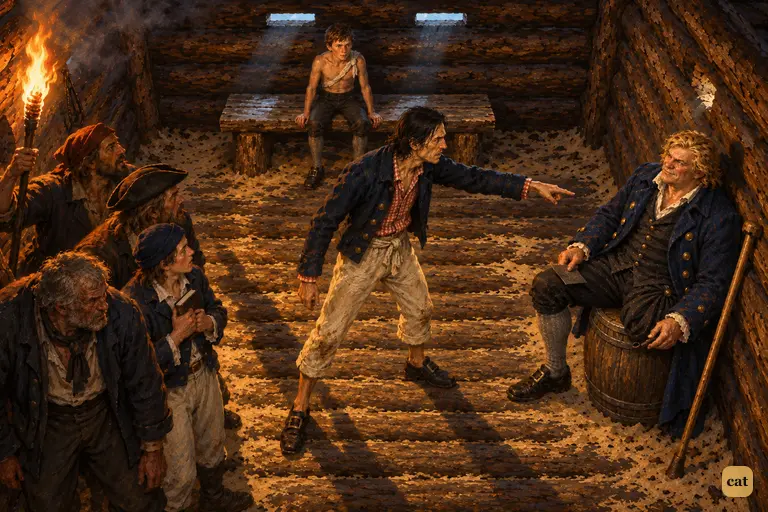 In the torchlit log-house, the lanky mutineer with yellow eyes steps out alone from the crew.