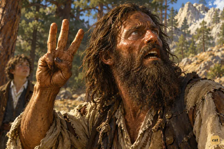 Ben Gunn breaks off his story, hand raised before his face, staring up at the crags