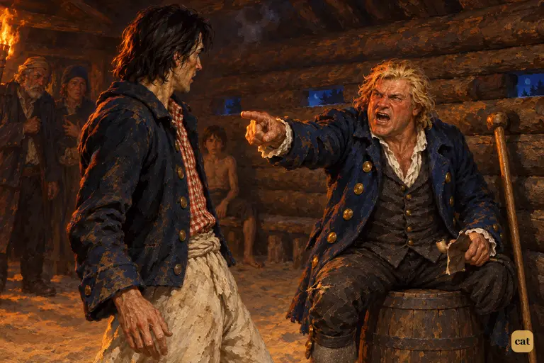 Long John Silver leans off his brandy cask and jabs a rigid finger at George Merry
