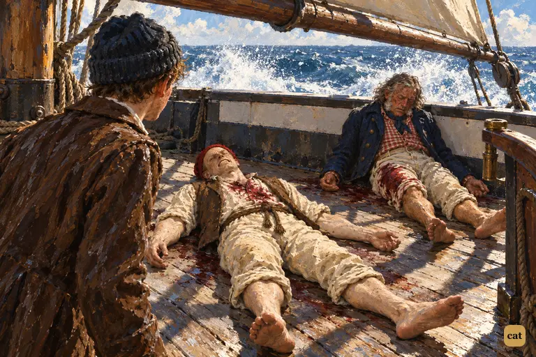 As the main-boom swings inboard, Jim Hawkins sees the two watchmen on the after-deck