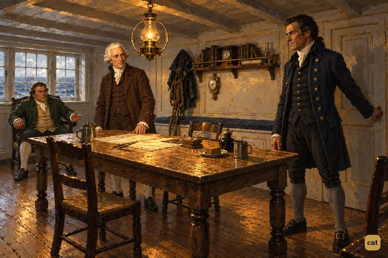In the Hispaniola's cabin, the tall captain shuts the door and looks across at the squire