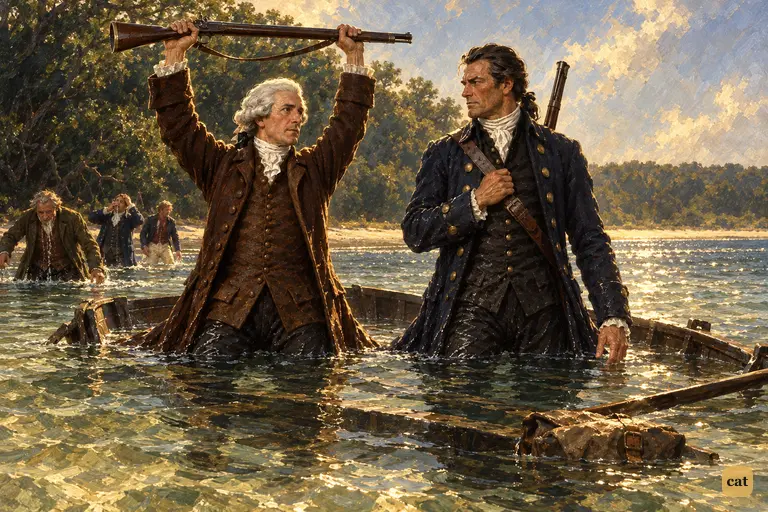 The sunk jolly-boat leaves Doctor Livesey and Captain Smollett waist-deep in water