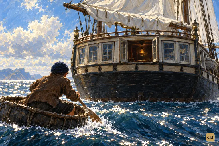 The breeze dies and the drifting Hispaniola turns her stern to Jim.