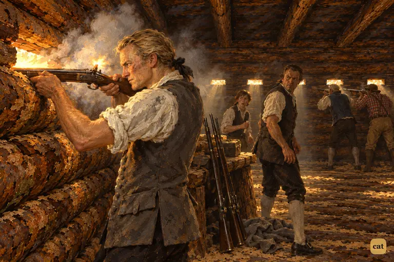 Quiet Joyce, the valet, whips up his musket and fires the first shot through a loophole
