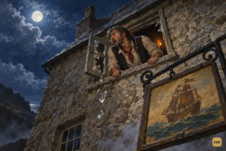 A buccaneer bursts open the captain's window and bellows down at the blind beggar