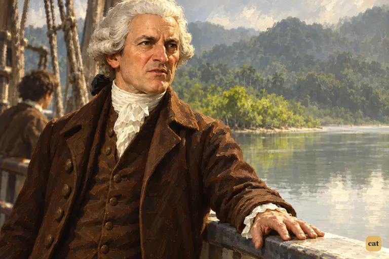 Dr. Livesey, at the rail in the stagnant anchorage, gives his verdict on the island
