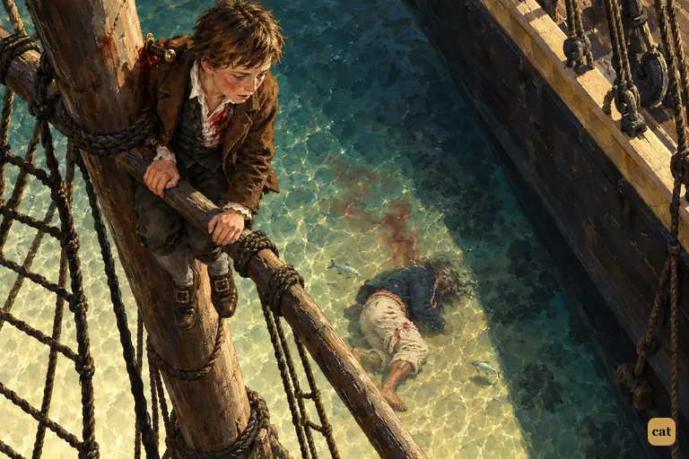Jim Hawkins is pinned to the mizzen cross-trees by Israel Hands's dirk.