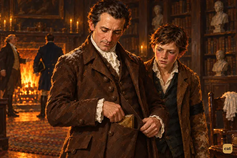 Doctor Livesey slips the stitched oilskin packet into his coat pocket as Jim watches