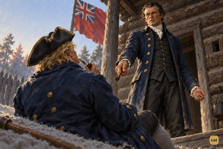On the log-house porch, Captain Smollett gives Long John Silver his ultimatum