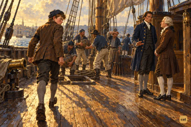 Jim hurries from the brass gun as Captain Smollett's words to the doctor carry to him