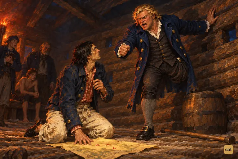 Long John Silver springs up and roars his warning down at kneeling George Merry