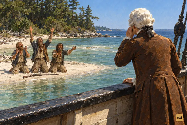 From the HISPANIOLA's rail, Dr. Livesey hails the three marooned mutineers